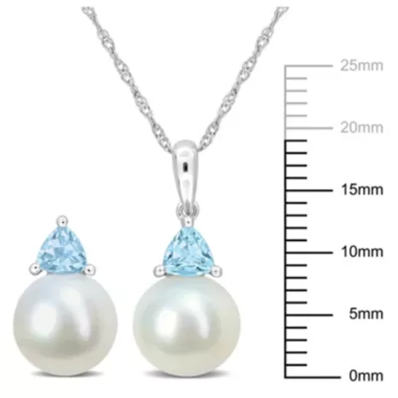 2-Pc Set of Freshwater Cultured Pearl and Sky Blue Topaz Stud Earrings and Pendant with Chain in 10K White Gold