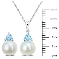2-Pc Set of Freshwater Cultured Pearl and Sky Blue Topaz Stud Earrings and Pendant with Chain in 10K White Gold