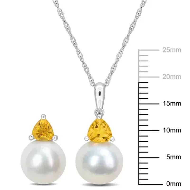 2-Pc Set of Freshwater Cultured Pearl and Citrine Stud Earrings and Pendant with Chain in 10K White Gold