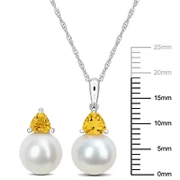 2-Pc Set of Freshwater Cultured Pearl and Citrine Stud Earrings and Pendant with Chain in 10K White Gold