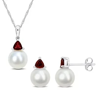 2-Pc Set of Freshwater Cultured Pearl and Garnet Stud Earrings and Pendant with Chain in 10K White Gold