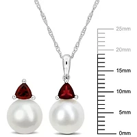 2-Pc Set of Freshwater Cultured Pearl and Garnet Stud Earrings and Pendant with Chain in 10K White Gold
