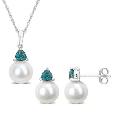 Lab Created 2-Pc Set of Freshwater Cultured Pearl and Created Alexandrite Stud Earrings and Pendant with Chain in 10K White Gold