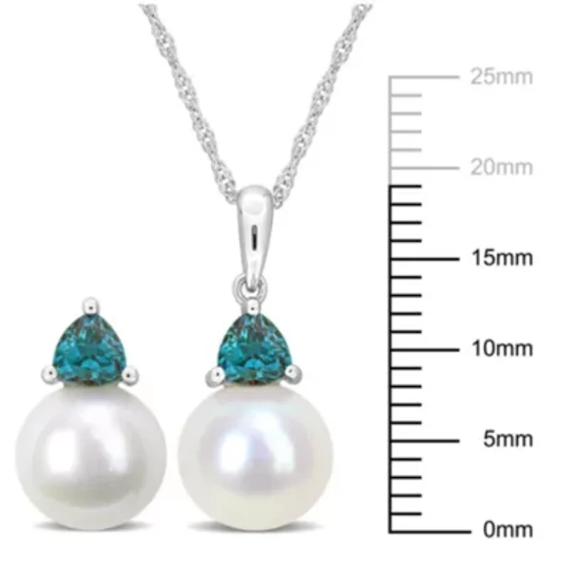Lab Created 2-Pc Set of Freshwater Cultured Pearl and Created Alexandrite Stud Earrings and Pendant with Chain in 10K White Gold