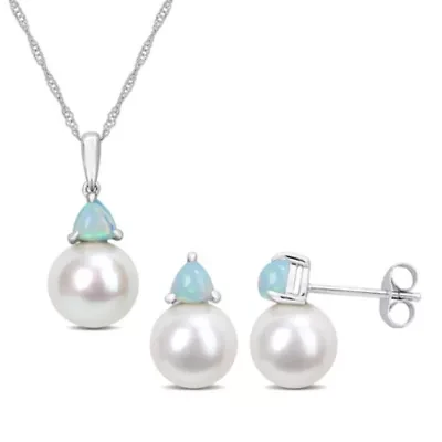 2-Pc Set of Freshwater Cultured Pearl and Ethiopian-Opal Stud Earrings and Pendant with Chain in 10K White Gold