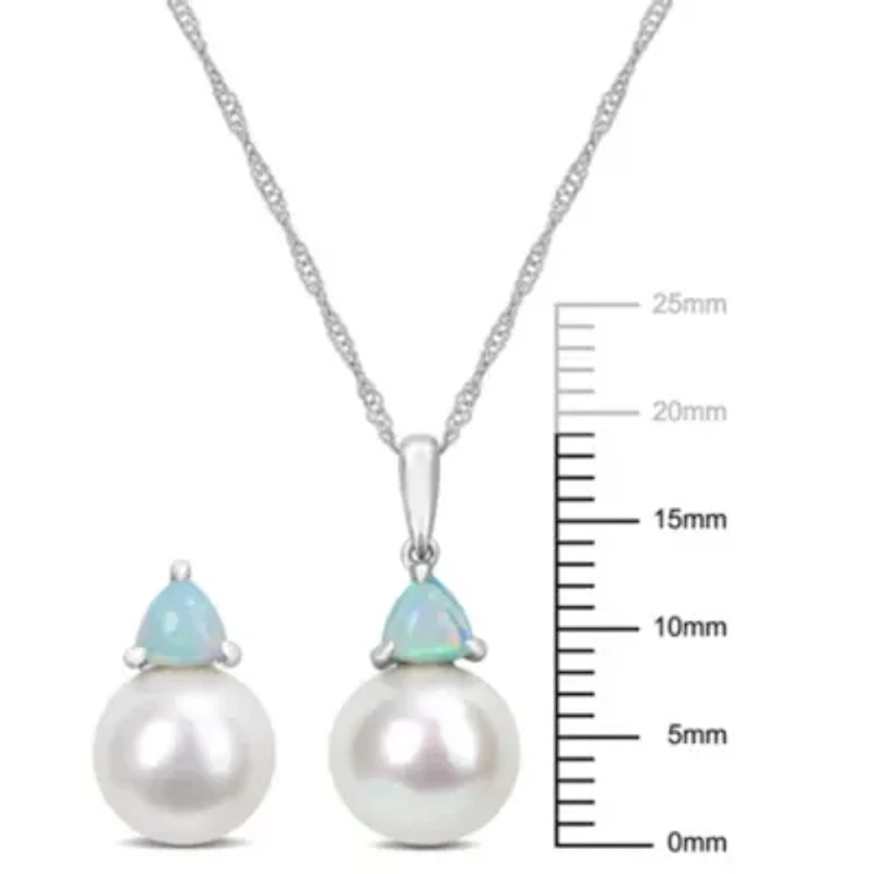 2-Pc Set of Freshwater Cultured Pearl and Ethiopian-Opal Stud Earrings and Pendant with Chain in 10K White Gold