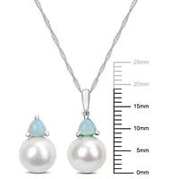 2-Pc Set of Freshwater Cultured Pearl and Ethiopian-Opal Stud Earrings and Pendant with Chain in 10K White Gold