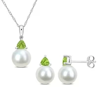 2-Pc Set of Freshwater Cultured Pearl and Peridot Stud Earrings and Pendant with Chain in 10K White Gold