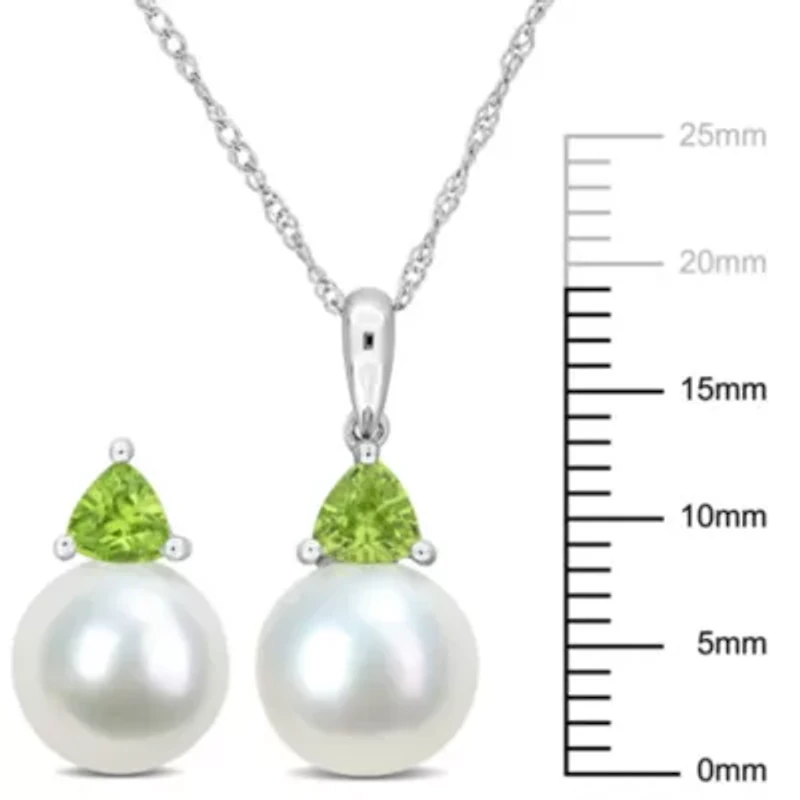2-Pc Set of Freshwater Cultured Pearl and Peridot Stud Earrings and Pendant with Chain in 10K White Gold
