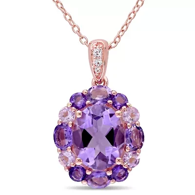 Amethyst, White Topaz and Rose de France Floral Pendant with Chain in Rose Plated Sterling Silver