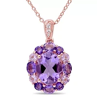 Amethyst, White Topaz and Rose de France Floral Pendant with Chain in Rose Plated Sterling Silver