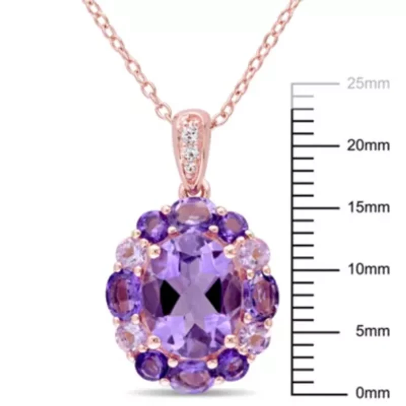 Amethyst, White Topaz and Rose de France Floral Pendant with Chain in Rose Plated Sterling Silver