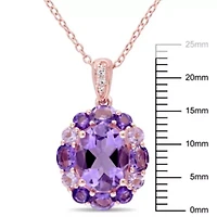 Amethyst, White Topaz and Rose de France Floral Pendant with Chain in Rose Plated Sterling Silver