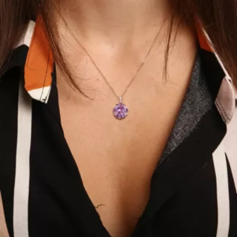 Amethyst, White Topaz and Rose de France Floral Pendant with Chain in Rose Plated Sterling Silver