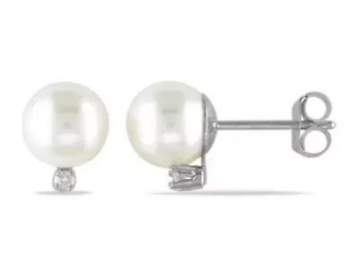 6-6.5mm Freshwater Cultured Pearl and Diamond Accent Earrings in 14K White Gold