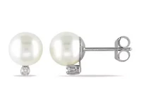 6-6.5mm Freshwater Cultured Pearl and Diamond Accent Earrings in 14K White Gold