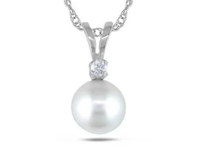 6-6.5mm Freshwater Cultured Pearl with Diamond Accent Pendant with Chain in 14K White Gold