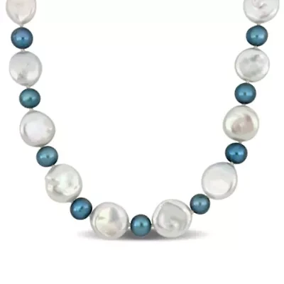 16-17mm White Coin Cultured and 9.5-10mm Blue Freshwater Cultured Pearls Necklace in Sterling Silver