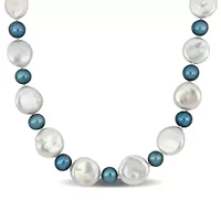 16-17mm White Coin Cultured and 9.5-10mm Blue Freshwater Cultured Pearls Necklace in Sterling Silver