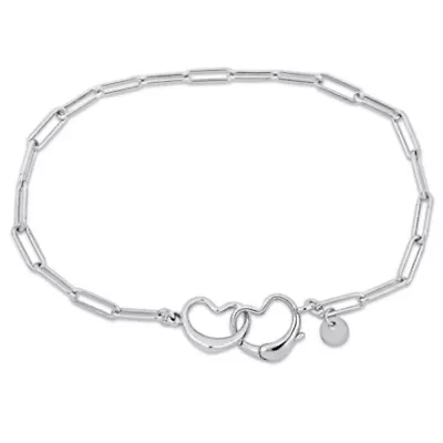 Paperclip Link Anklet with Double Heart Clasp in Sterling Silver, 9"