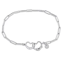 Paperclip Link Anklet with Double Heart Clasp in Sterling Silver, 9"