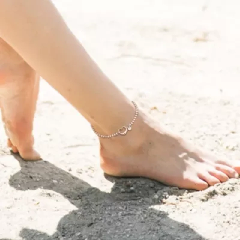 Ball Link Anklet with Heart Clasp in Sterling Silver, 9"