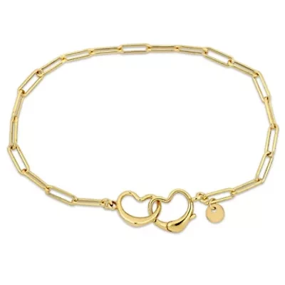Paperclip Link Anklet with Double Heart Clasp in Yellow Plated Sterling Silver, 9"