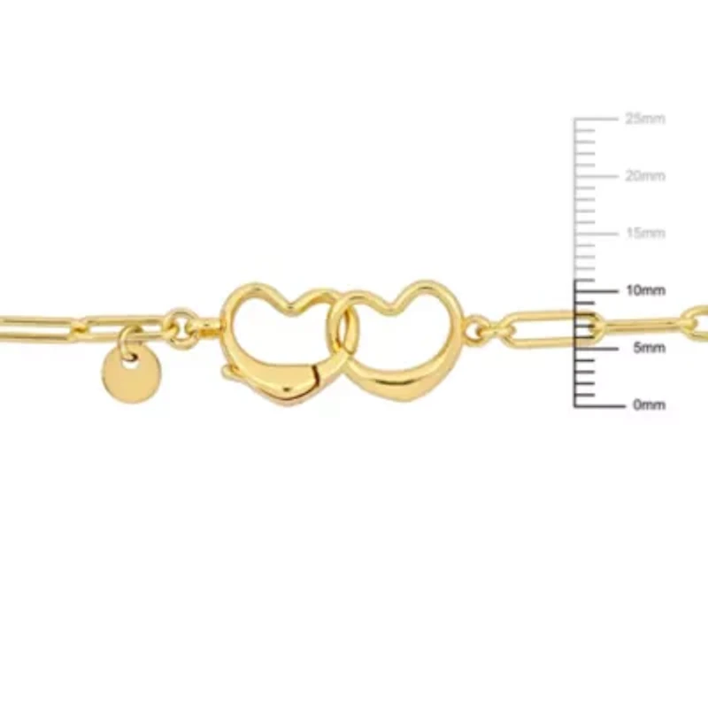 Paperclip Link Anklet with Double Heart Clasp in Yellow Plated Sterling Silver, 9"