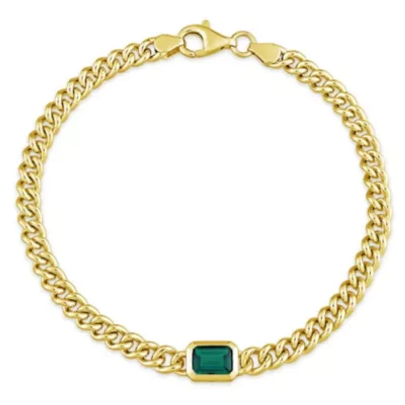 Lab Created Created Emerald Curb Link Bracelet in Yellow Plated Sterling Silver