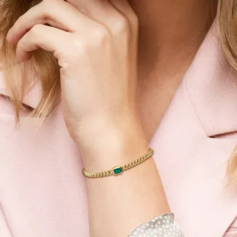 Lab Created Created Emerald Curb Link Bracelet in Yellow Plated Sterling Silver