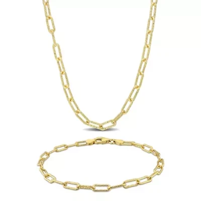 2-Pc Set of 3.5MM Paperclip Chain Bracelet and Necklace in Yellow Plated Sterling Silver, 9" & 20"