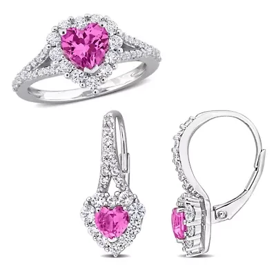 Lab Created 2-Pc Set of Created Pink and White Sapphire Halo Heart Drop Earrings and Ring in Sterling Silver
