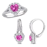 Lab Created 2-Pc Set of Created Pink and White Sapphire Halo Heart Drop Earrings and Ring in Sterling Silver