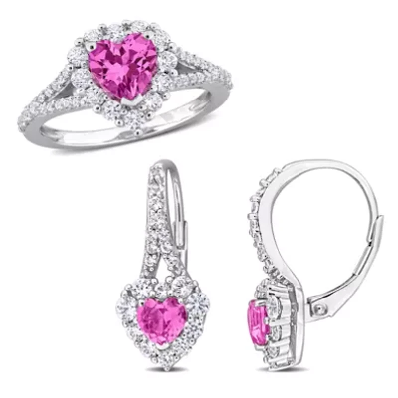 Lab Created 2-Pc Set of Created Pink and White Sapphire Halo Heart Drop Earrings and Ring in Sterling Silver