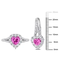 Lab Created 2-Pc Set of Created Pink and White Sapphire Halo Heart Drop Earrings and Ring in Sterling Silver