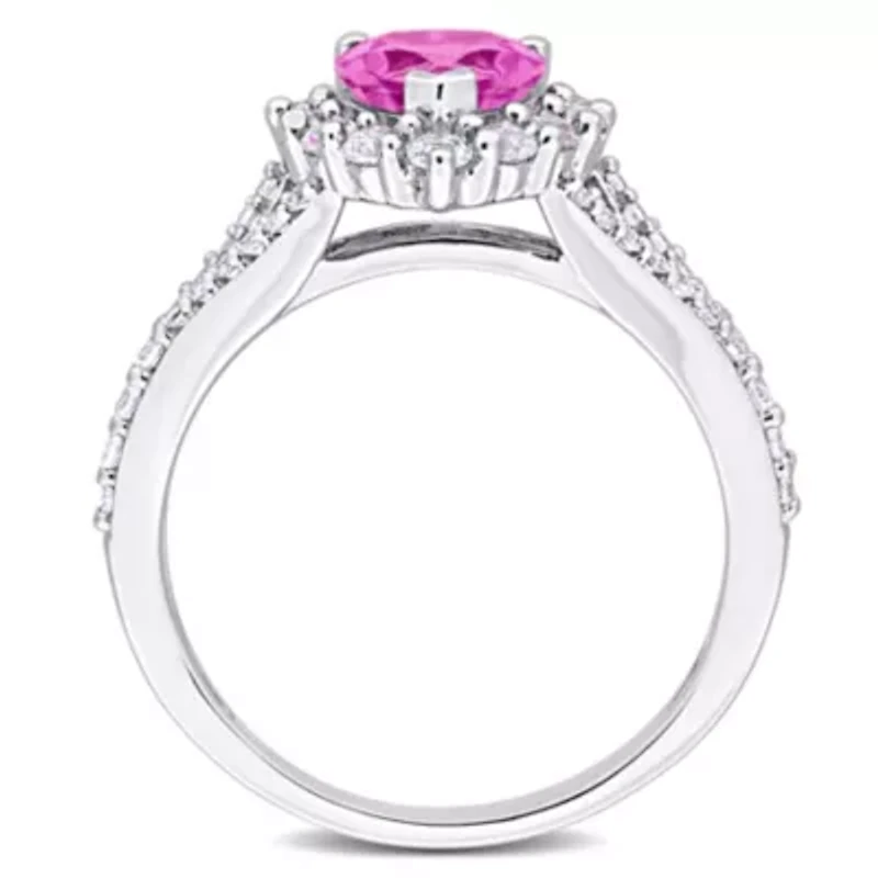 Lab Created 2-Pc Set of Created Pink and White Sapphire Halo Heart Drop Earrings and Ring in Sterling Silver