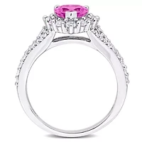 Lab Created 2-Pc Set of Created Pink and White Sapphire Halo Heart Drop Earrings and Ring in Sterling Silver