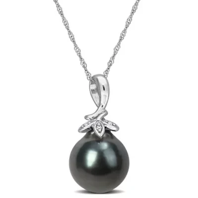9-10mm Black Tahitian Cultured Pearl and Diamond Accent Cluster Leaf Pendant with Chain in 10K White Gold