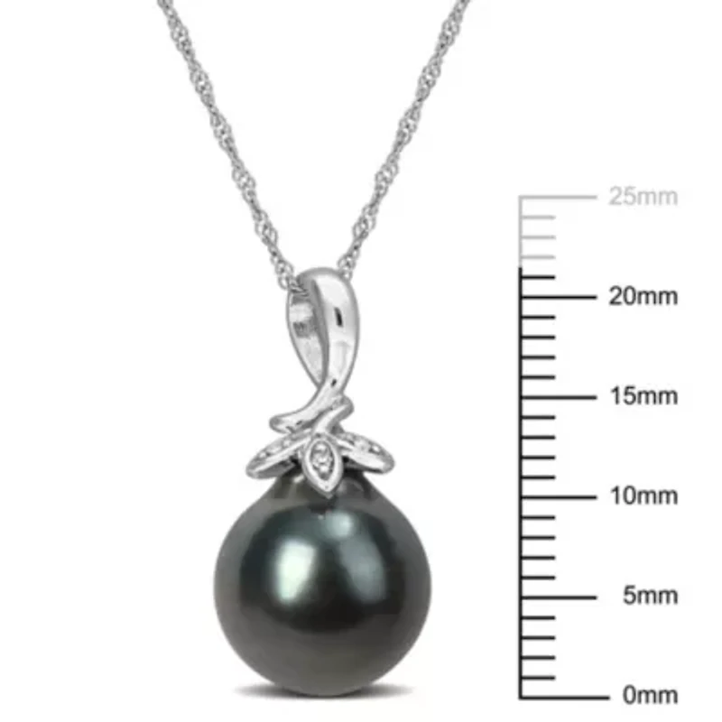 9-10mm Black Tahitian Cultured Pearl and Diamond Accent Cluster Leaf Pendant with Chain in 10K White Gold