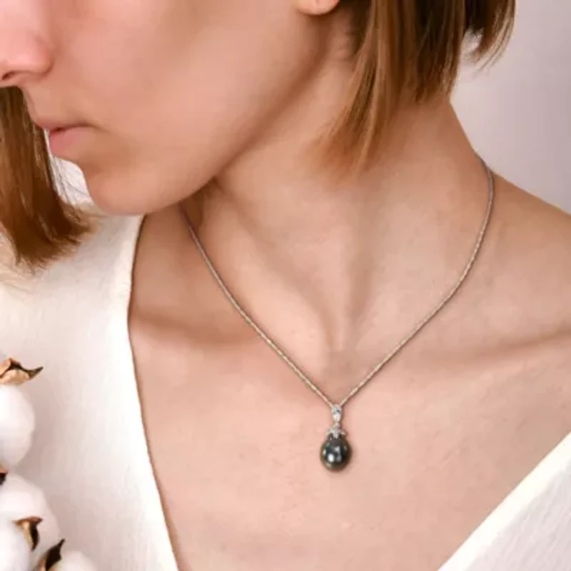 9-10mm Black Tahitian Cultured Pearl and Diamond Accent Cluster Leaf Pendant with Chain in 10K White Gold