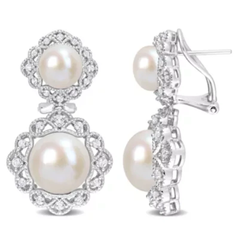 12-12.5mm, 8-8.5mm Freshwater Cultured Pearl and White Topaz Halo Drop Earrings in Sterling Silver
