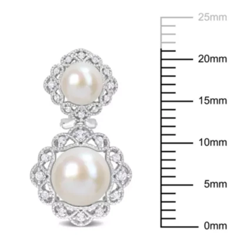 12-12.5mm, 8-8.5mm Freshwater Cultured Pearl and White Topaz Halo Drop Earrings in Sterling Silver