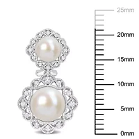 12-12.5mm, 8-8.5mm Freshwater Cultured Pearl and White Topaz Halo Drop Earrings in Sterling Silver