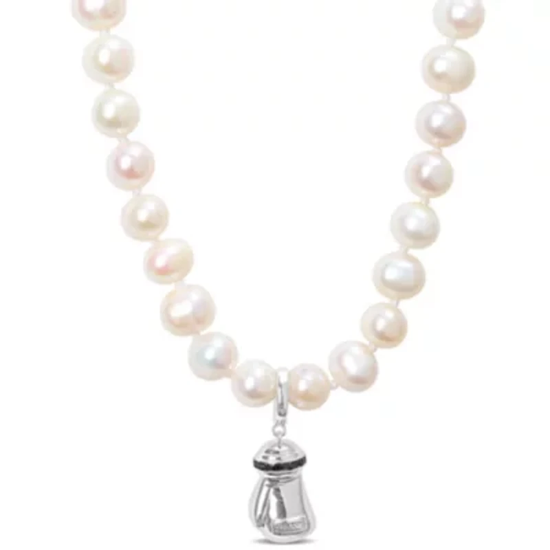 7-7.5mm Freshwater Cultured Pearl and Black Diamond Accent Boxing Glove Necklace in Sterling Silver