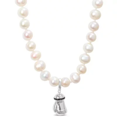 7-7.5mm Freshwater Cultured Pearl and Black Diamond Accent Boxing Glove Necklace in Sterling Silver