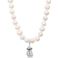 7-7.5mm Freshwater Cultured Pearl and Black Diamond Accent Boxing Glove Necklace in Sterling Silver