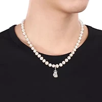 7-7.5mm Freshwater Cultured Pearl and Black Diamond Accent Boxing Glove Necklace in Sterling Silver