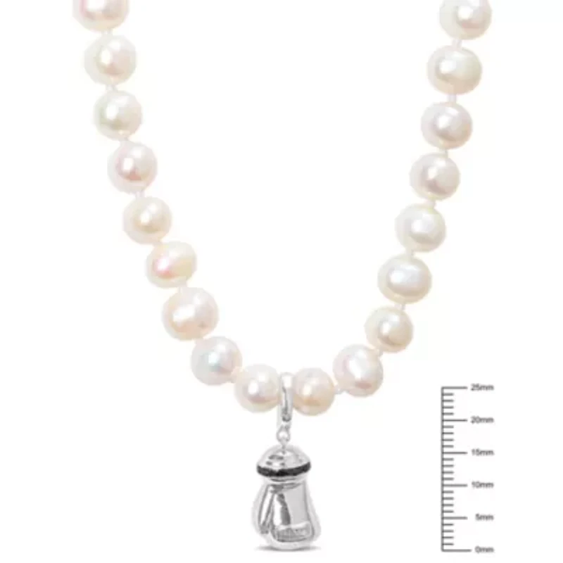 7-7.5mm Freshwater Cultured Pearl and Black Diamond Accent Boxing Glove Necklace in Sterling Silver