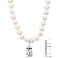 7-7.5mm Freshwater Cultured Pearl and Black Diamond Accent Boxing Glove Necklace in Sterling Silver