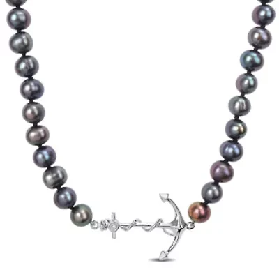 7-7.5mm Black Freshwater Cultured Pearl Anchor Charm Necklace in Sterling Silver